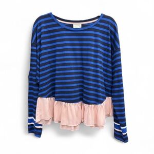 Anthropologie Deletta Rugby Blue Striped Long Sleeve Top with Pink Ruffle NWOT